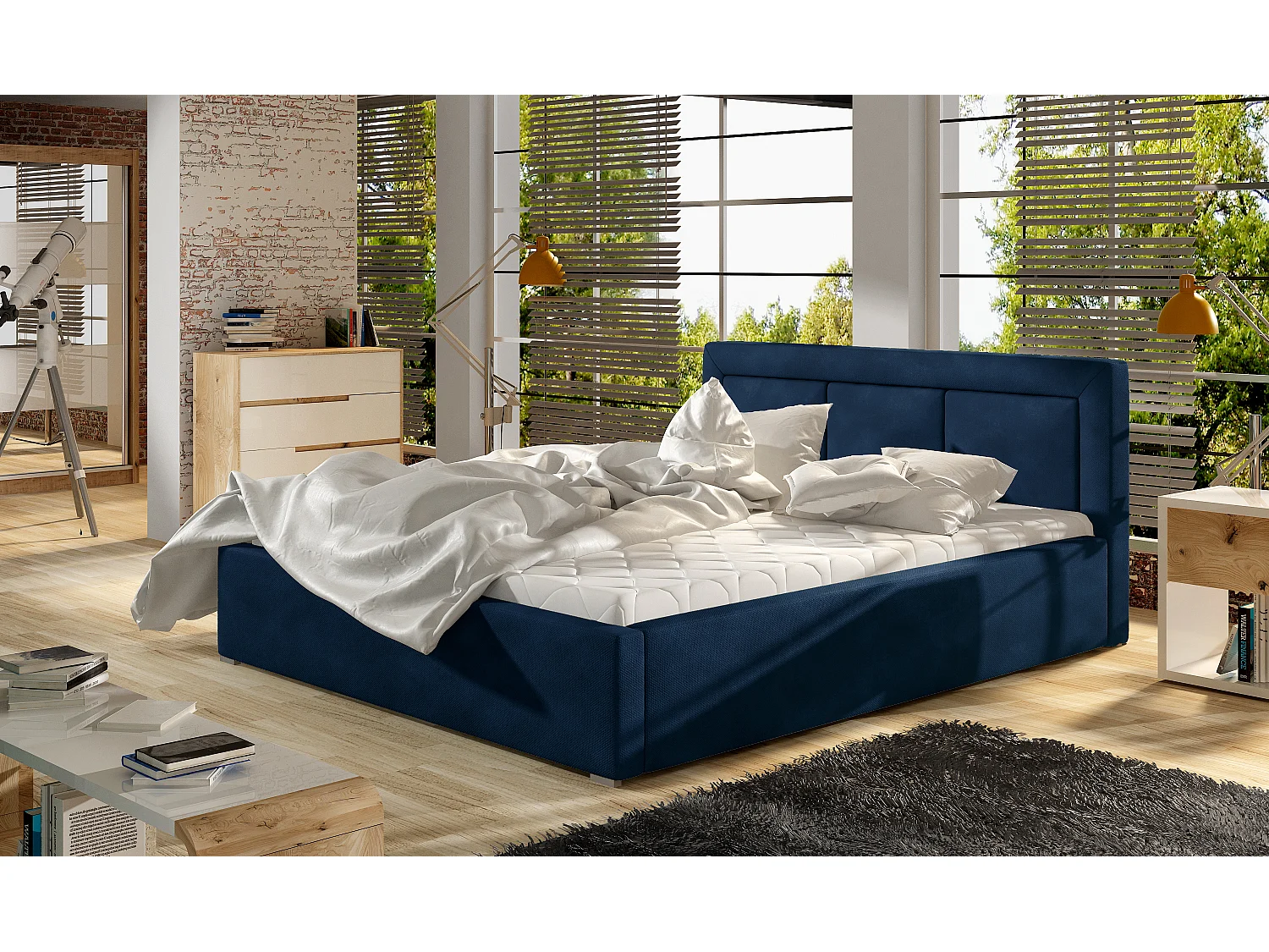 Lit velours bleu grand carré capitonné Berlino - 4 tailles-140x200