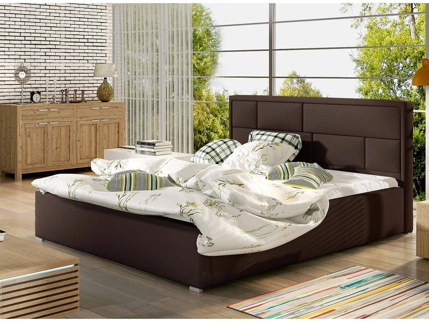 Lit double simili cuir marron tête de lit capitonnée Lenzo - 4 tailles-180x200