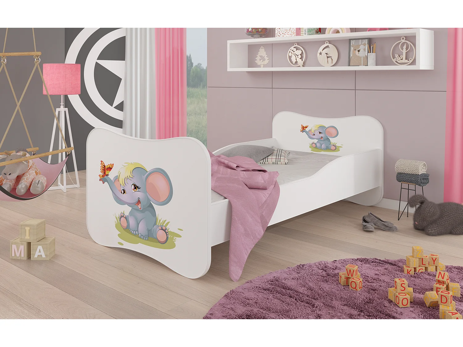 Lit enfant bois blanc imprimé éléphant 70x140 ou 80x160 - Sommier et matelas inclus - Ondula-70x140