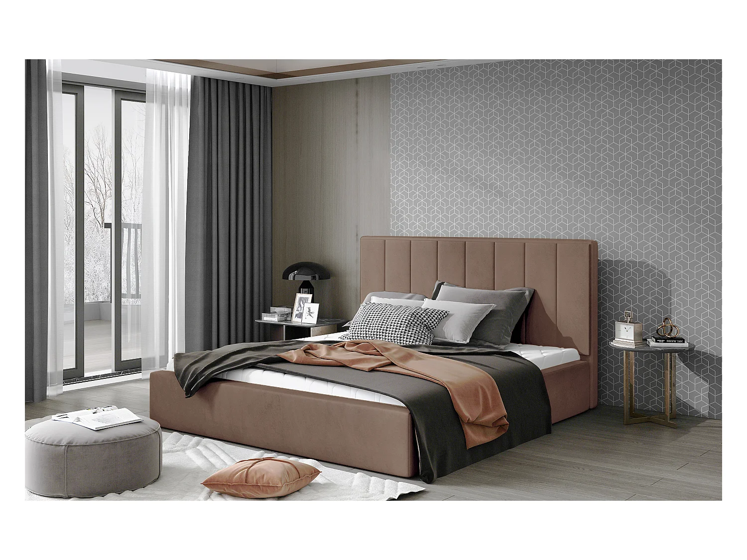 Lit rembourré de luxe velours Vareze-Couleur Marron clair-140x200-Version avec sommier