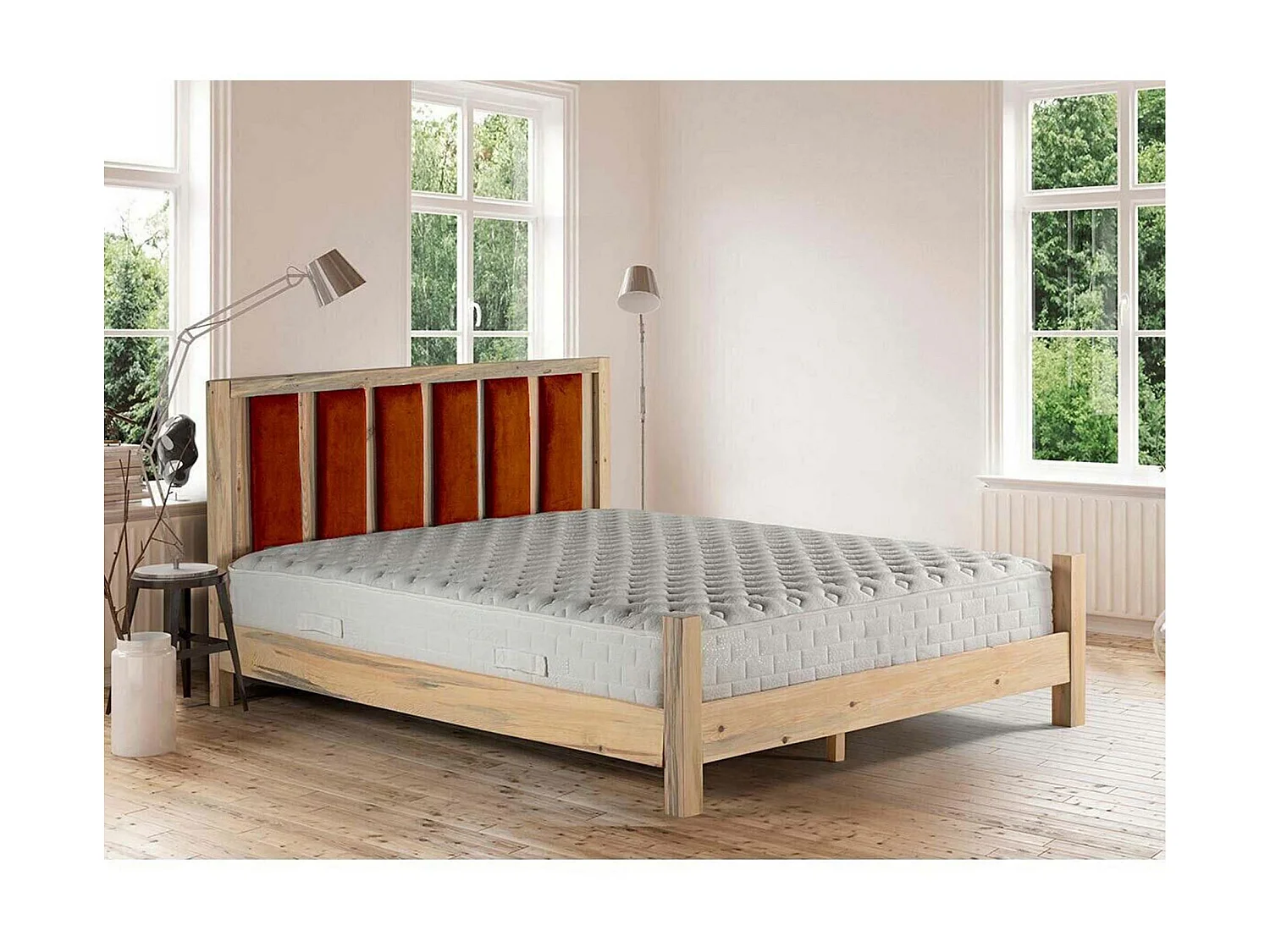 Lit simple Kiem 120x200cm Pin massif clair et Velours Rouge