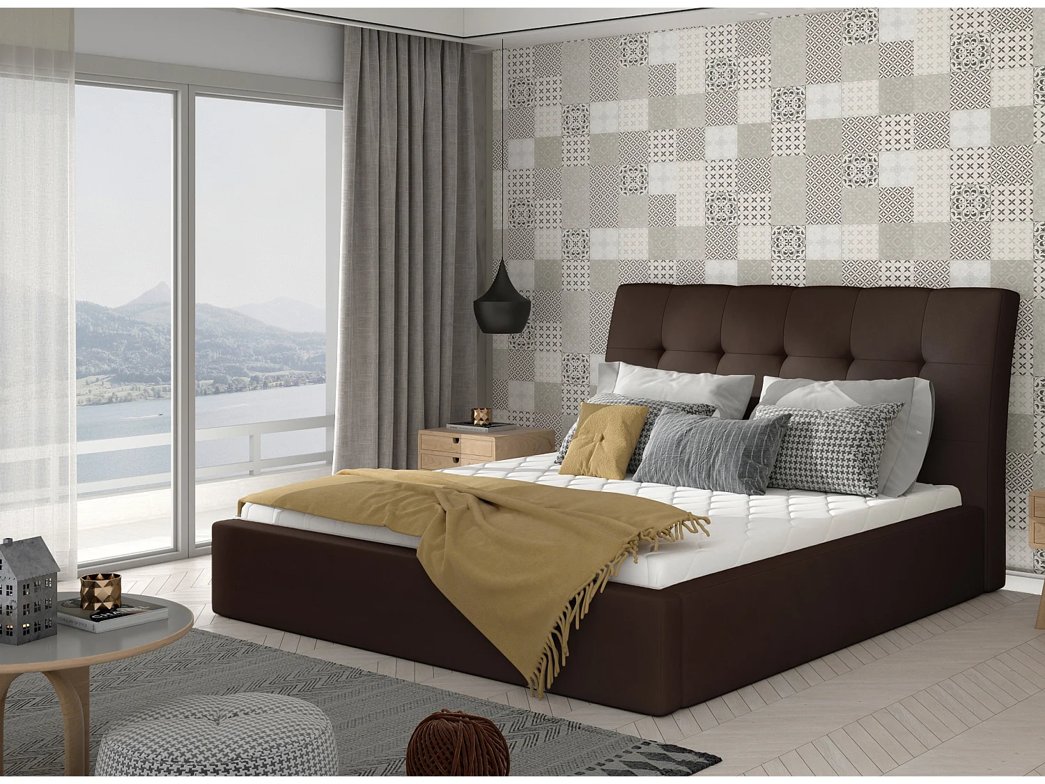 Lit double capitonné simili cuir marron Klein - 4 tailles-160x200