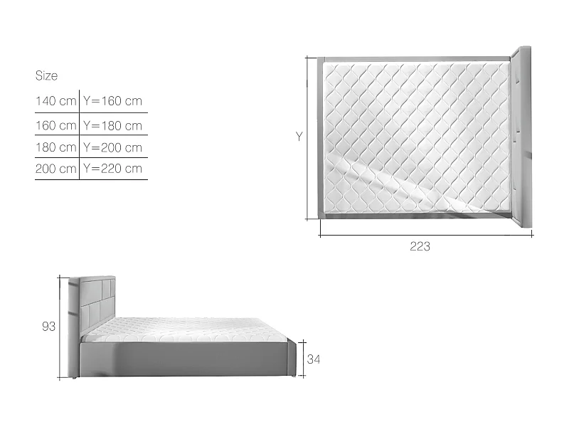 Lit double simili cuir beige clair tête de lit capitonnée Lenzo - 4 tailles-180x200