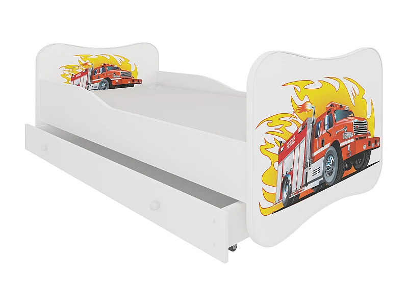 Lit enfant bois blanc à tiroirs avec imprimé camion de pompier - Sommier et matelas inclus - Ondula-80x160