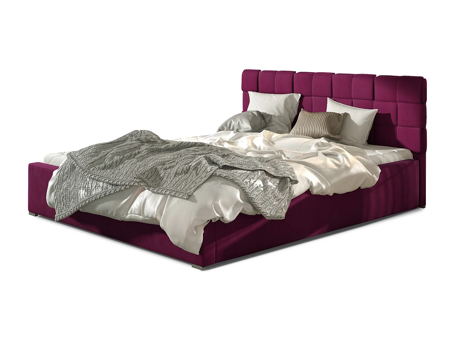 Tweepersoonsbed met Kanda boxspring – Gewatteerd fluweel-Kleur Pruim-Slapen 140x200cm