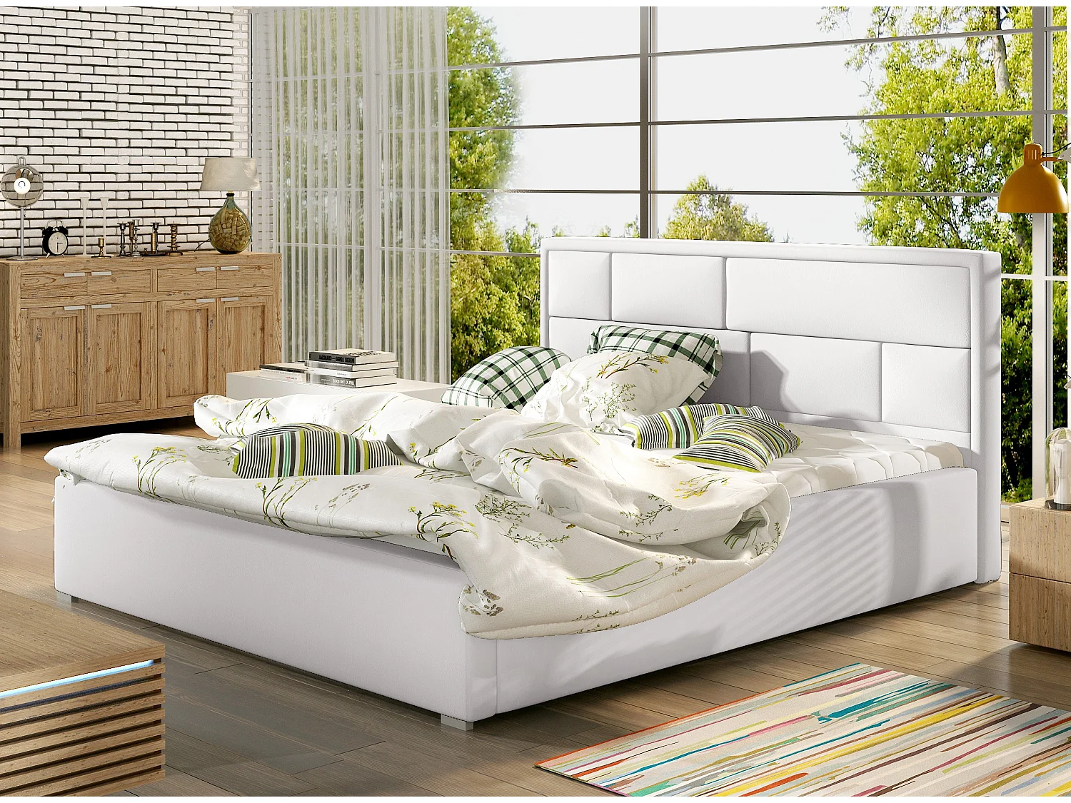 Lit double simili cuir blanc tête de lit capitonnée Lenzo - 4 tailles-200x200