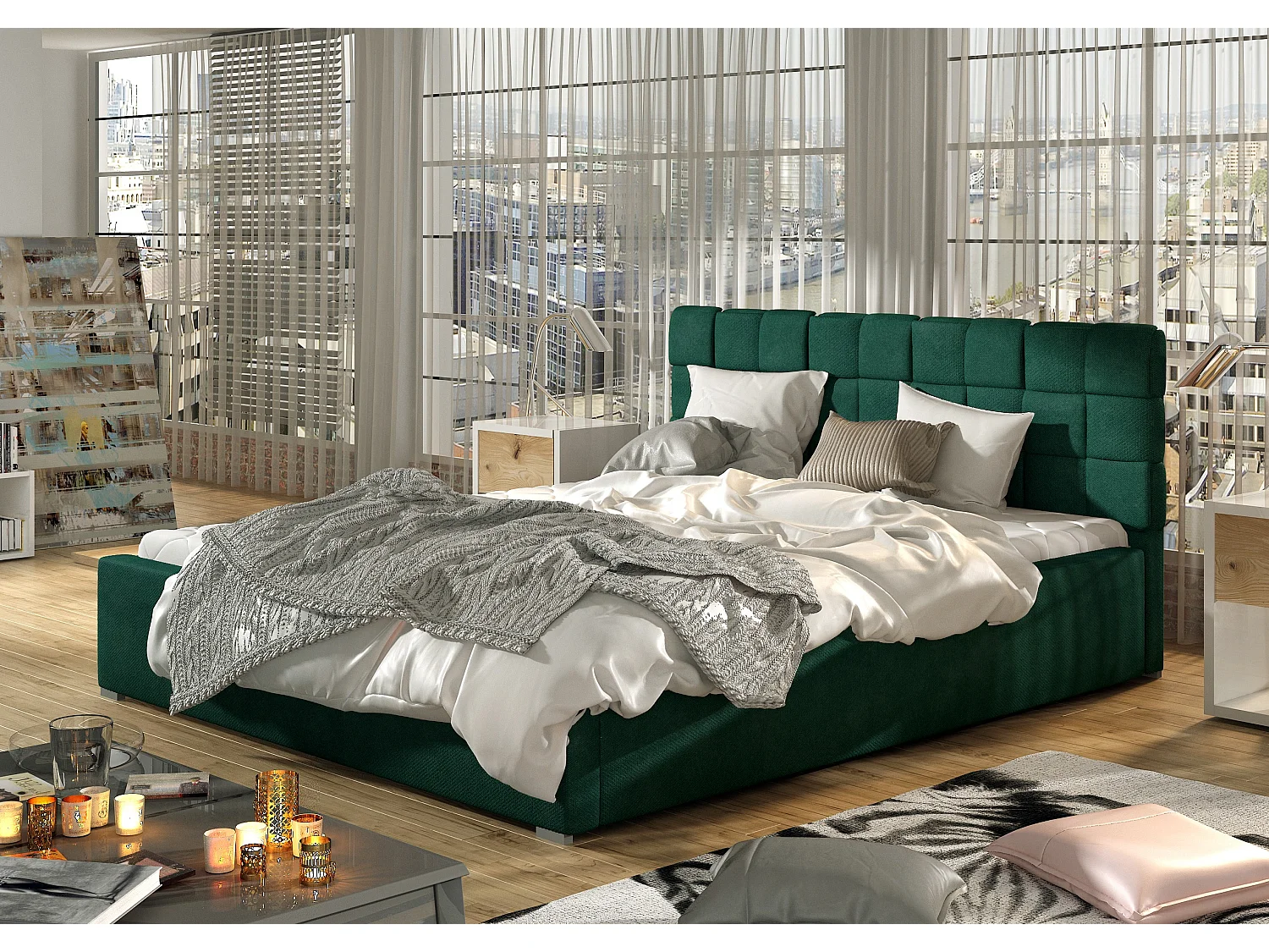 Lit moderne 180x200 capitonné velours vert Kandy