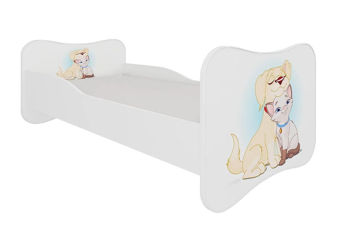 Lit enfant bois blanc imprimé chien et chat 70x140 ou 80x160 - Sommier et matelas inclus - Ondula-70x140
