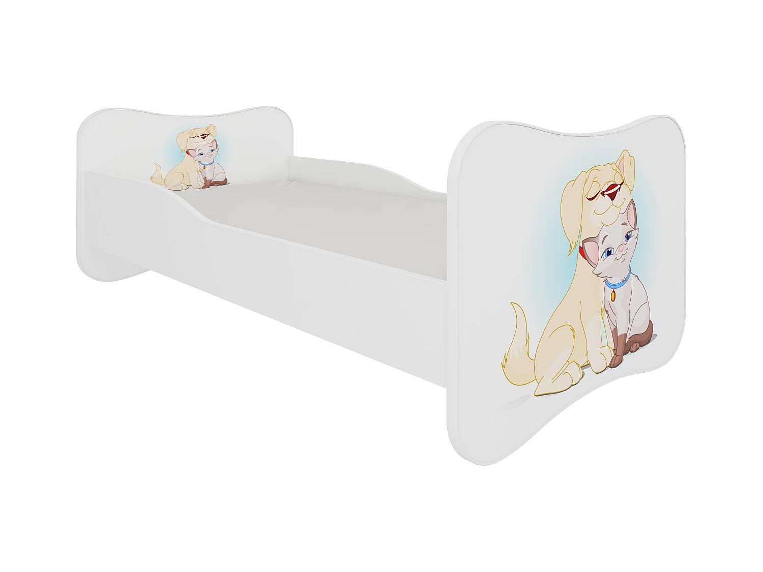 Lit enfant bois blanc imprimé chien et chat 70x140 ou 80x160 - Sommier et matelas inclus - Ondula-80x160