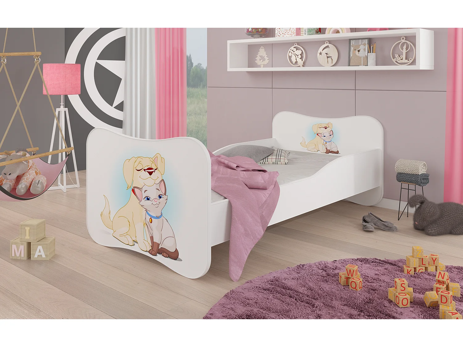 Lit enfant bois blanc imprimé chien et chat 70x140 ou 80x160 - Sommier et matelas inclus - Ondula-80x160