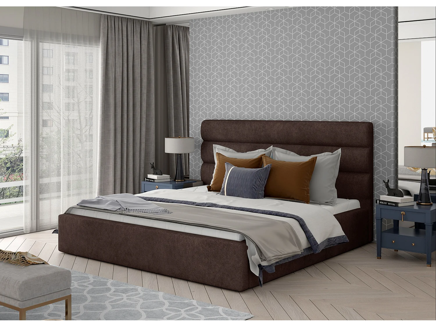 Tweepersoonsbed met Klarina boxspring - Gestoffeerde stof-Kleur Chocolade-Slapen 140x200cm