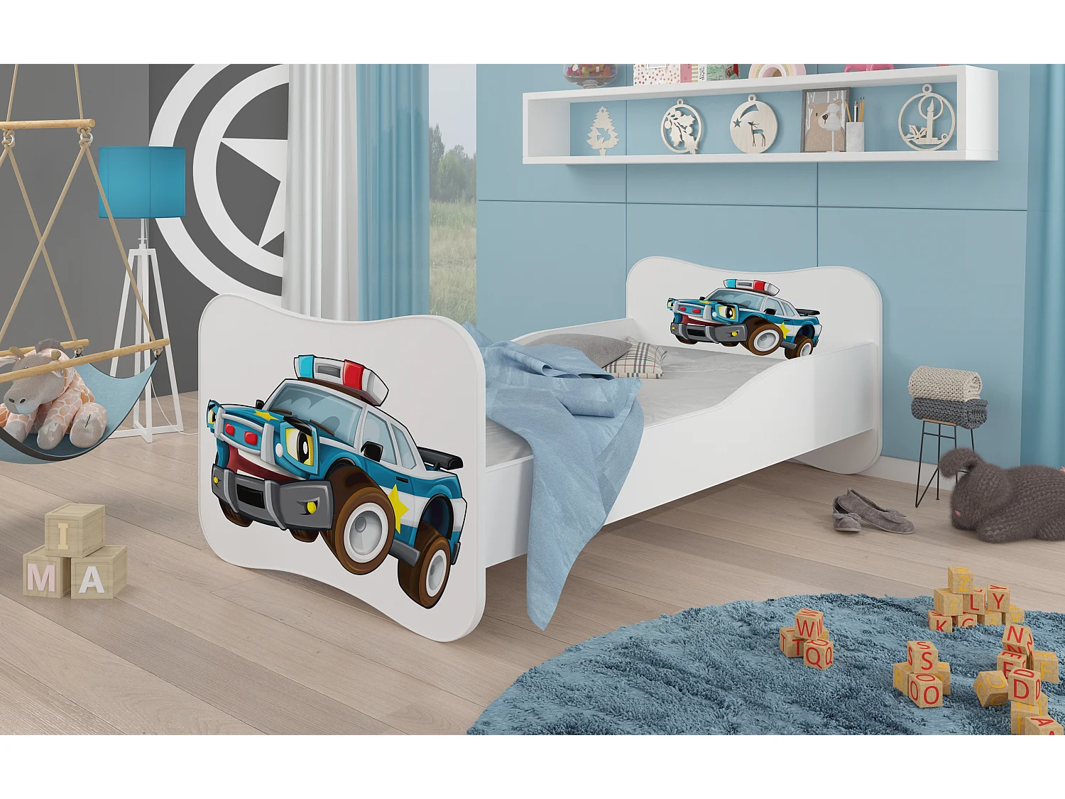 Wit houten kinderbed met politieauto print 70x140 of 80x160 cm - Inclusief boxspring en matras - Ondula-Slapen 80x160cm