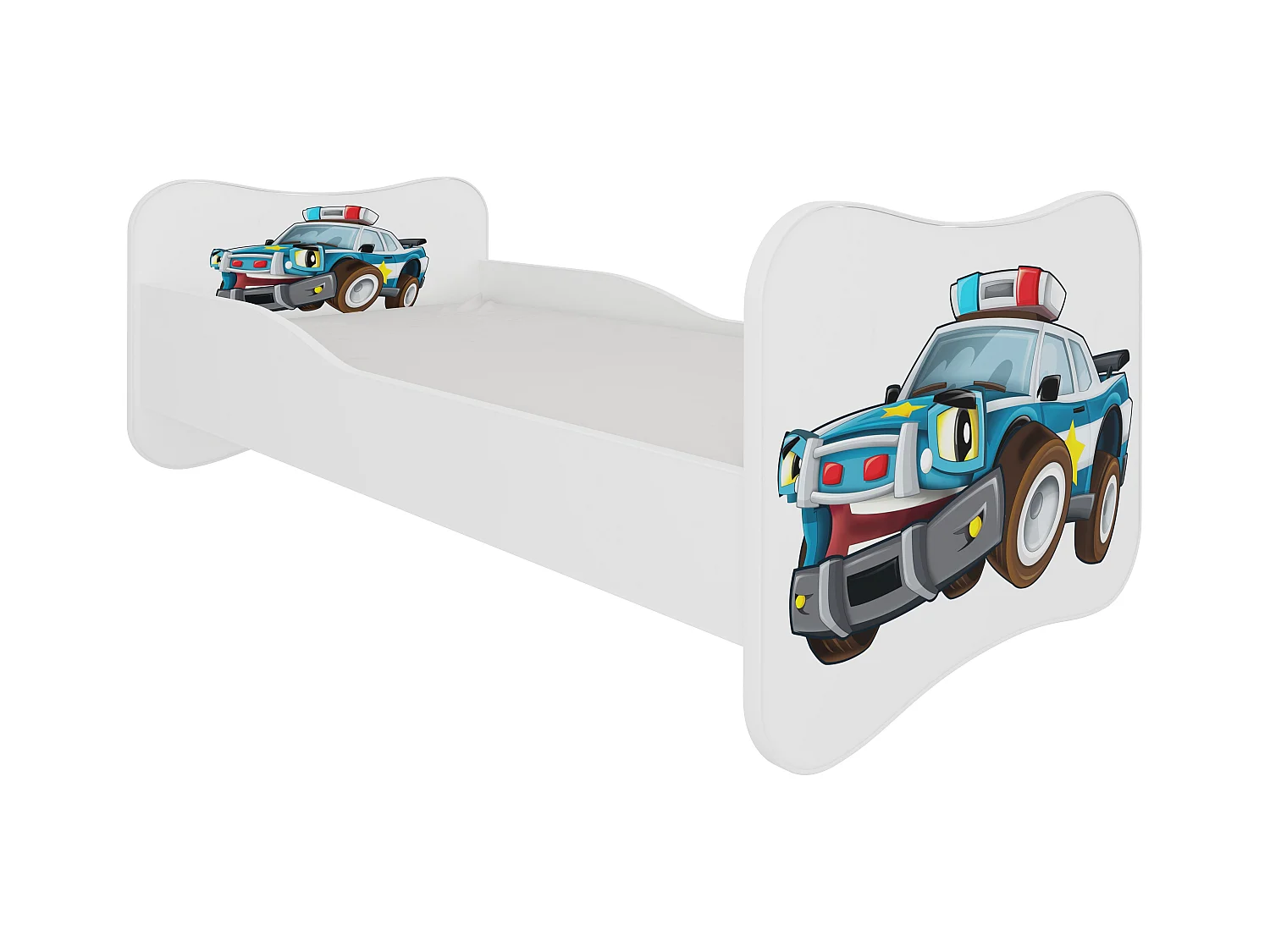 Lit enfant bois blanc imprimé voiture de police 70x140 ou 80x160 - Sommier et matelas inclus - Ondula-80x160