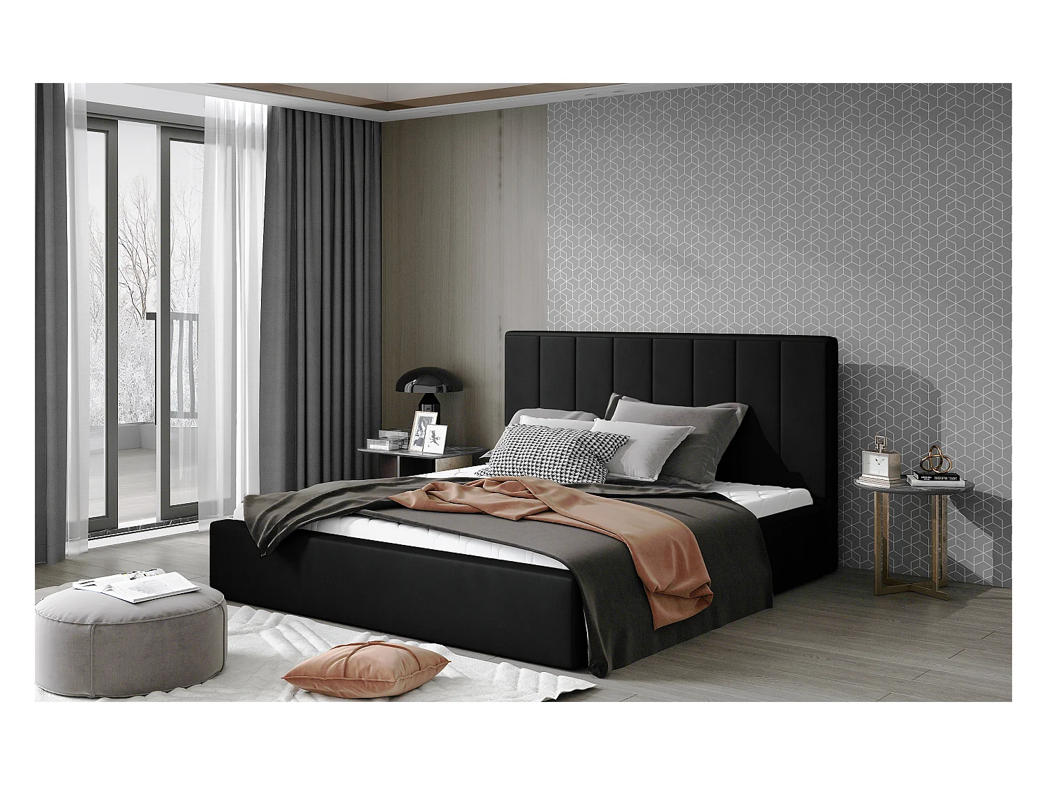 Lit rembourré de luxe velours Vareze-Couleur Beige-160x200-Version avec sommier