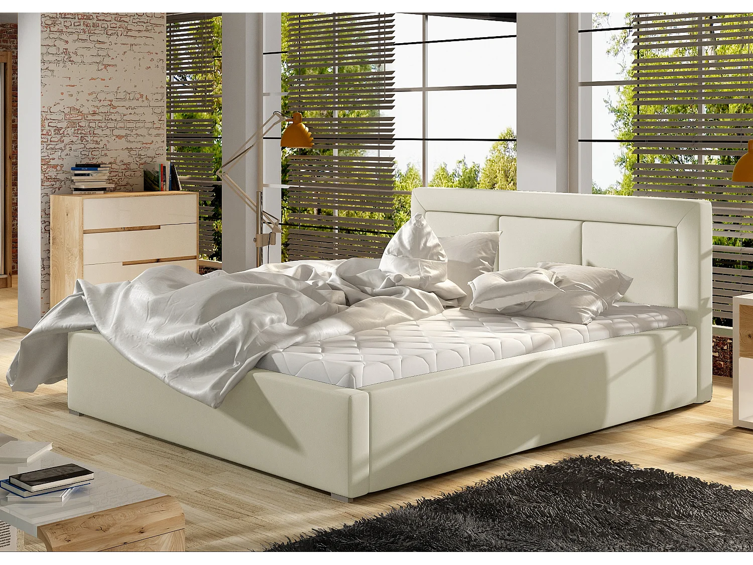 Lit simili cuir beige clair grand carré capitonné Berlino - 4 tailles-140x200