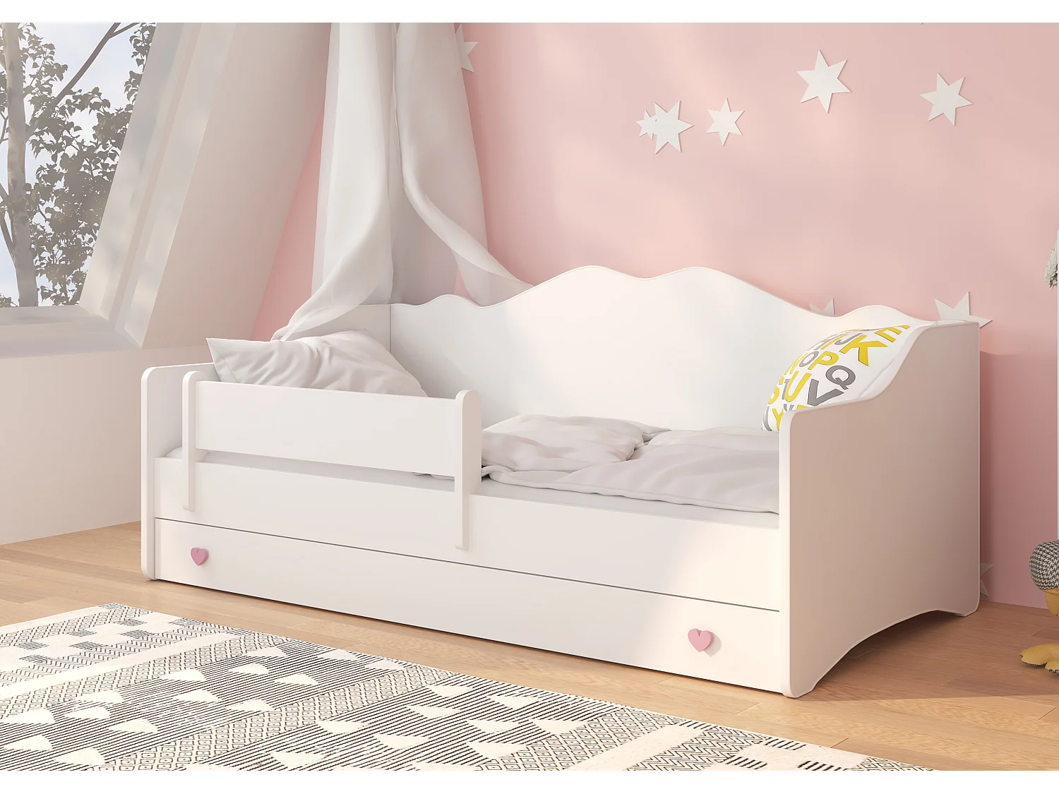 Lit enfant avec tiroirs de rangement bois blanc 80x160 petit coeur rose Belly