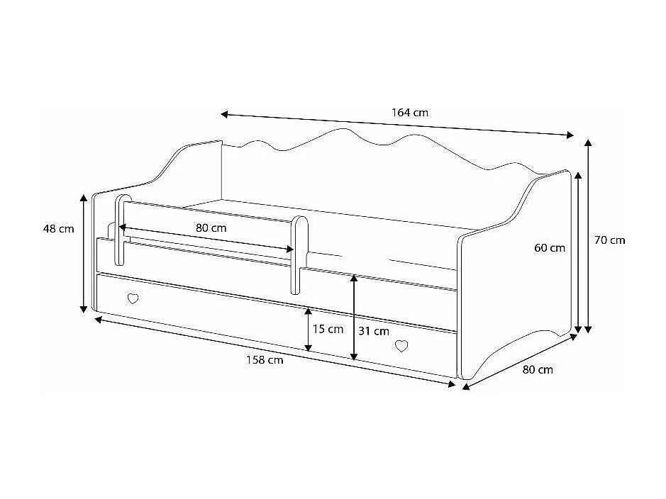 Lit enfant avec tiroirs de rangement bois blanc 80x160 petit coeur rose Belly