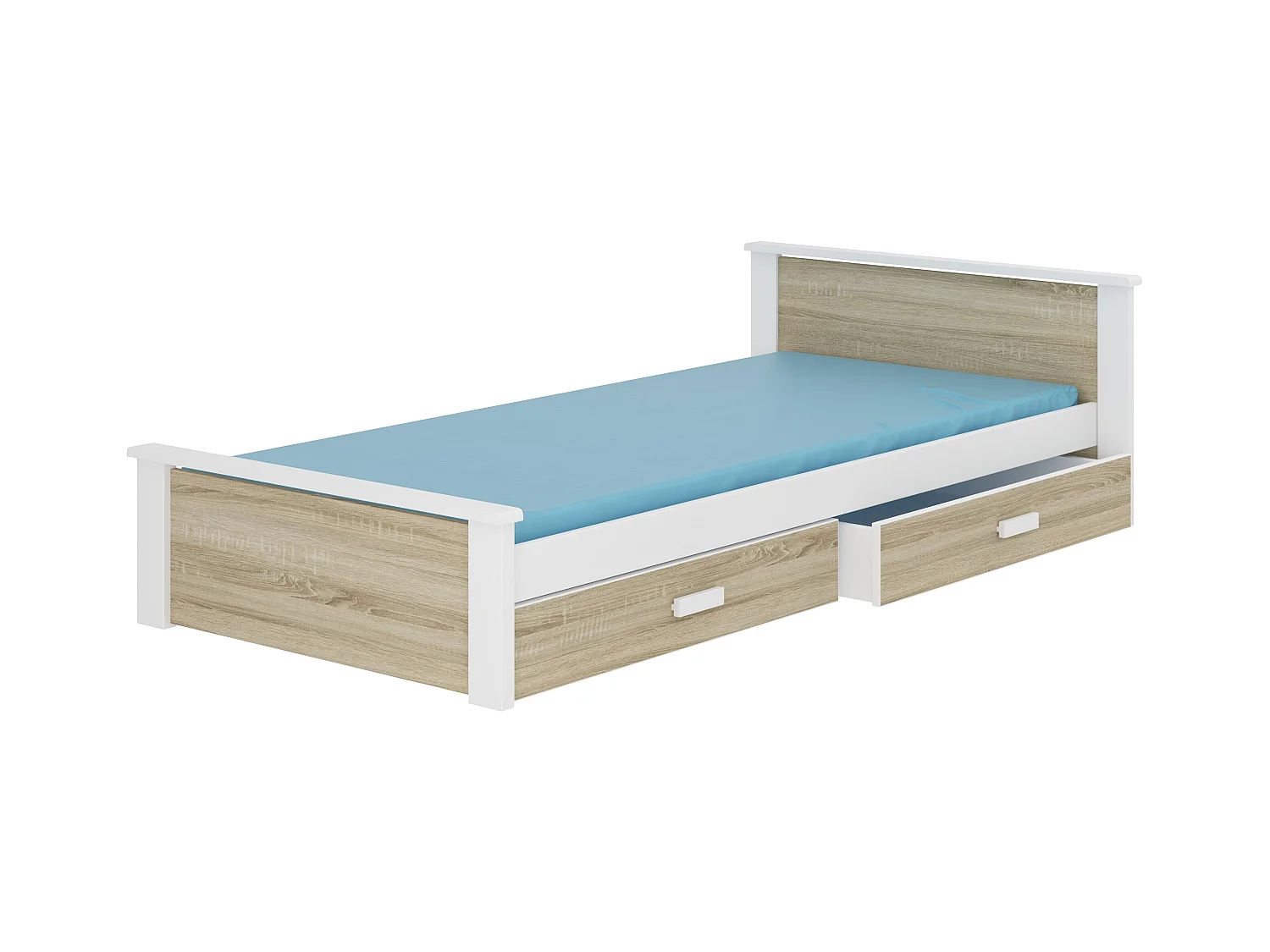 Lit enfant bois pin blanc et bois sonoma 90x200 avec 2 tiroirs de rangement Lydia