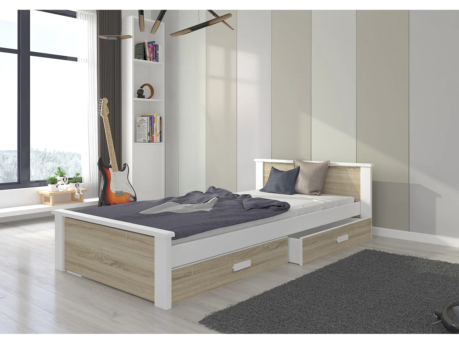 Lit enfant bois pin blanc et bois sonoma 90x200 avec 2 tiroirs de rangement Lydia