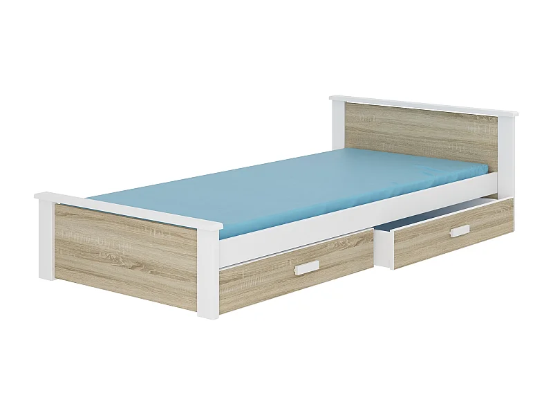 Wit grenen en sonomahouten kinderbed 90x200 cm met 2 Lydia opberglades