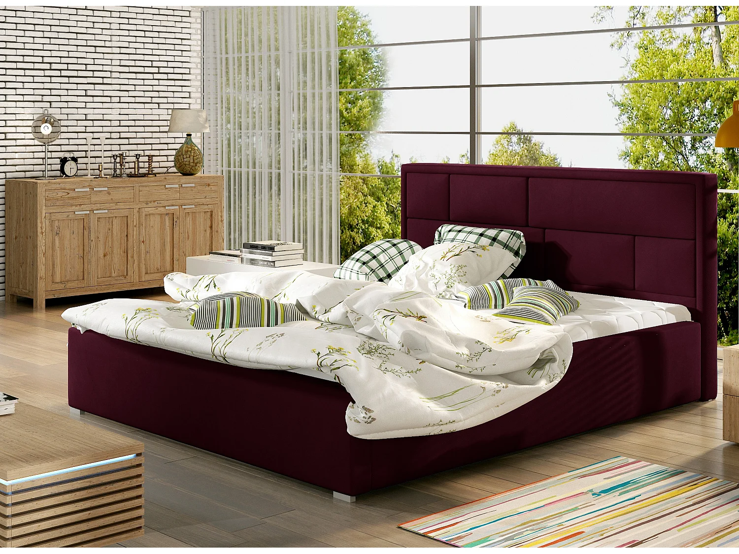 Lit double velours prune tête de lit capitonnée Lenzo - 4 tailles-180x200