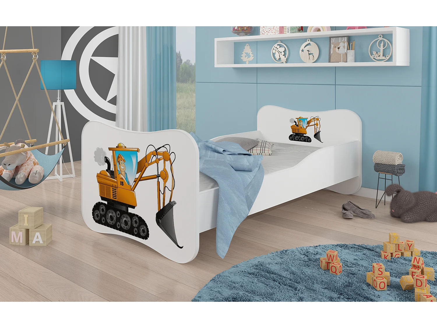 Lit enfant bois blanc imprimé pelleteuse 70x140 ou 80x160 - Sommier et matelas inclus - Ondula-80x160