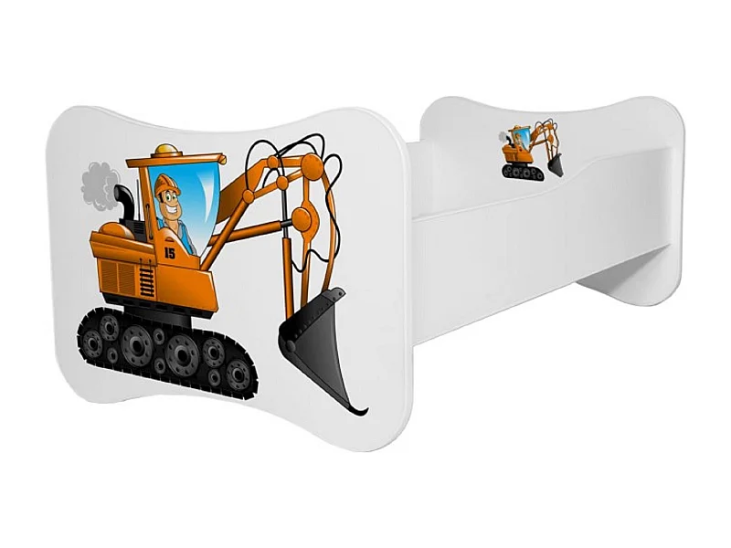 Lit enfant bois blanc imprimé pelleteuse 70x140 ou 80x160 - Sommier et matelas inclus - Ondula-80x160