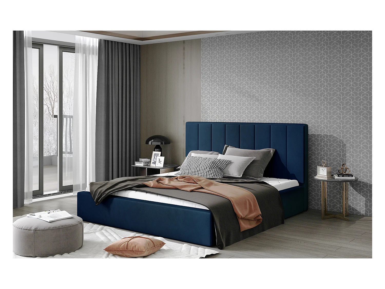 Lit adulte avec coffre de rangement Vareza – Velours matelassé-Beige-160x200