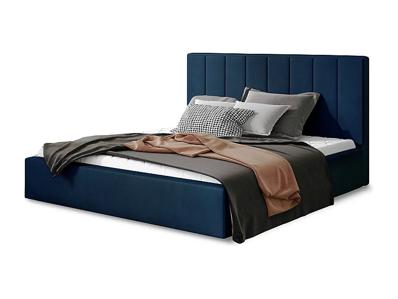 Lit adulte avec coffre de rangement Vareza – Velours matelassé-Bleu foncé-160x200
