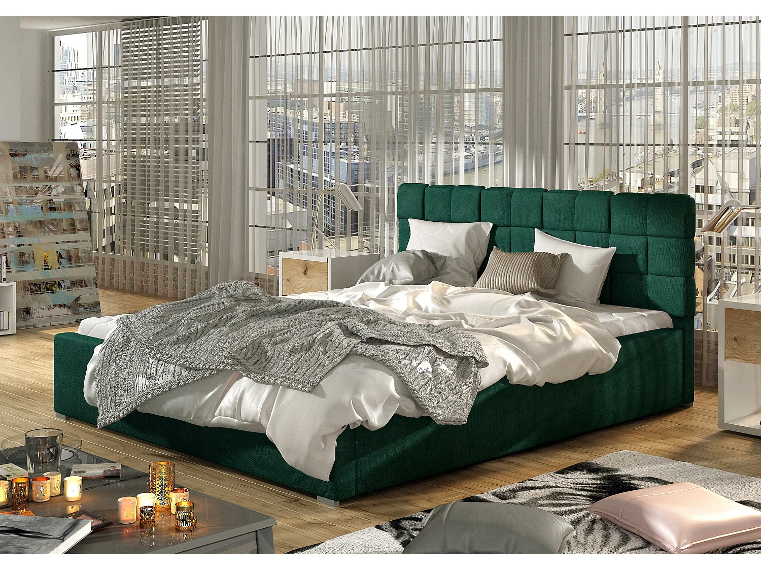 Lit moderne 160x200 capitonné velours vert Kandy