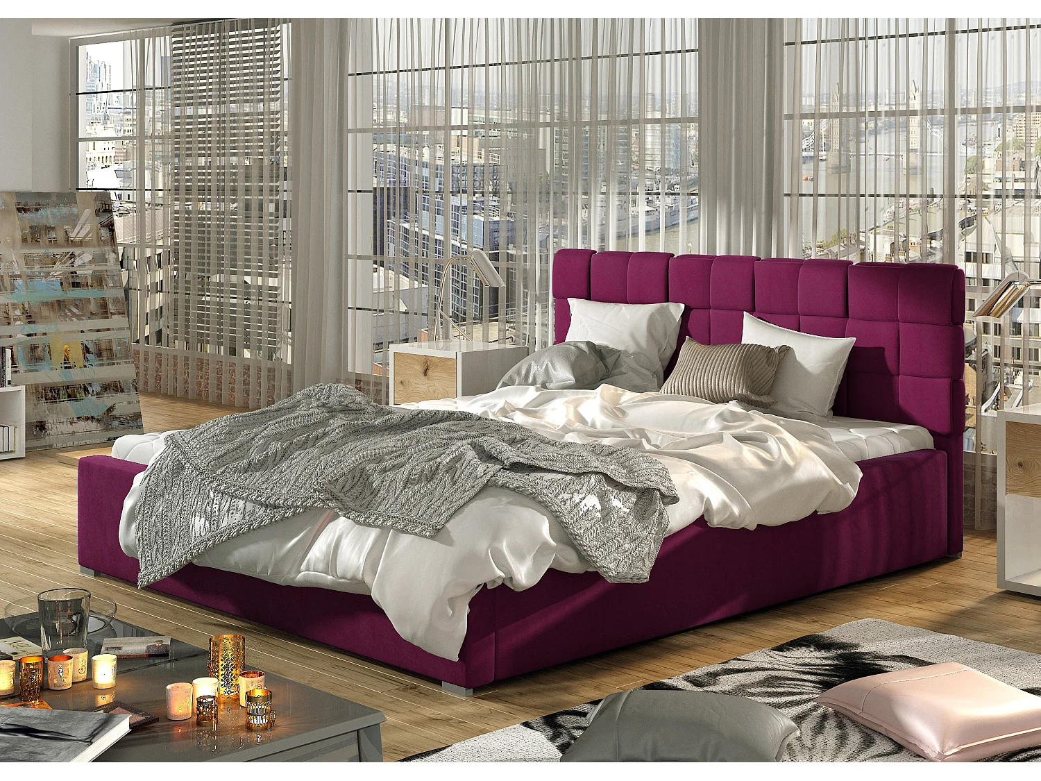 Lit moderne 160x200 capitonné velours bordeaux Kandy