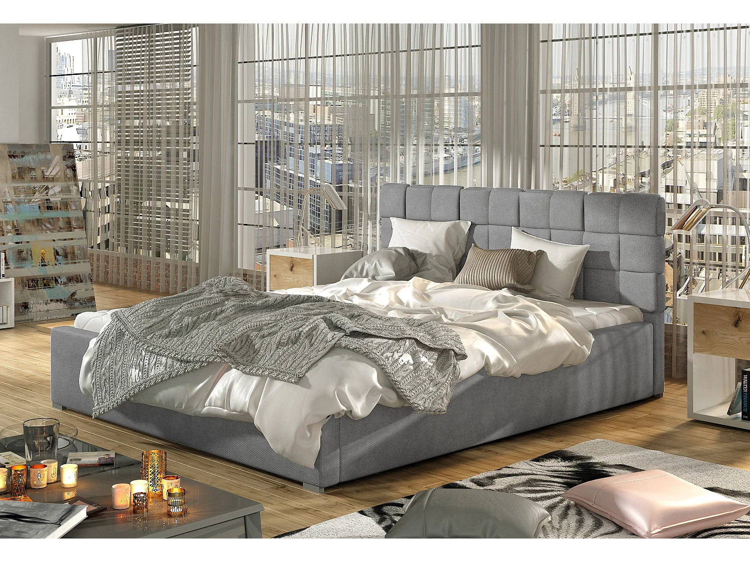 Lit moderne 160x200 capitonné velours gris Kandy
