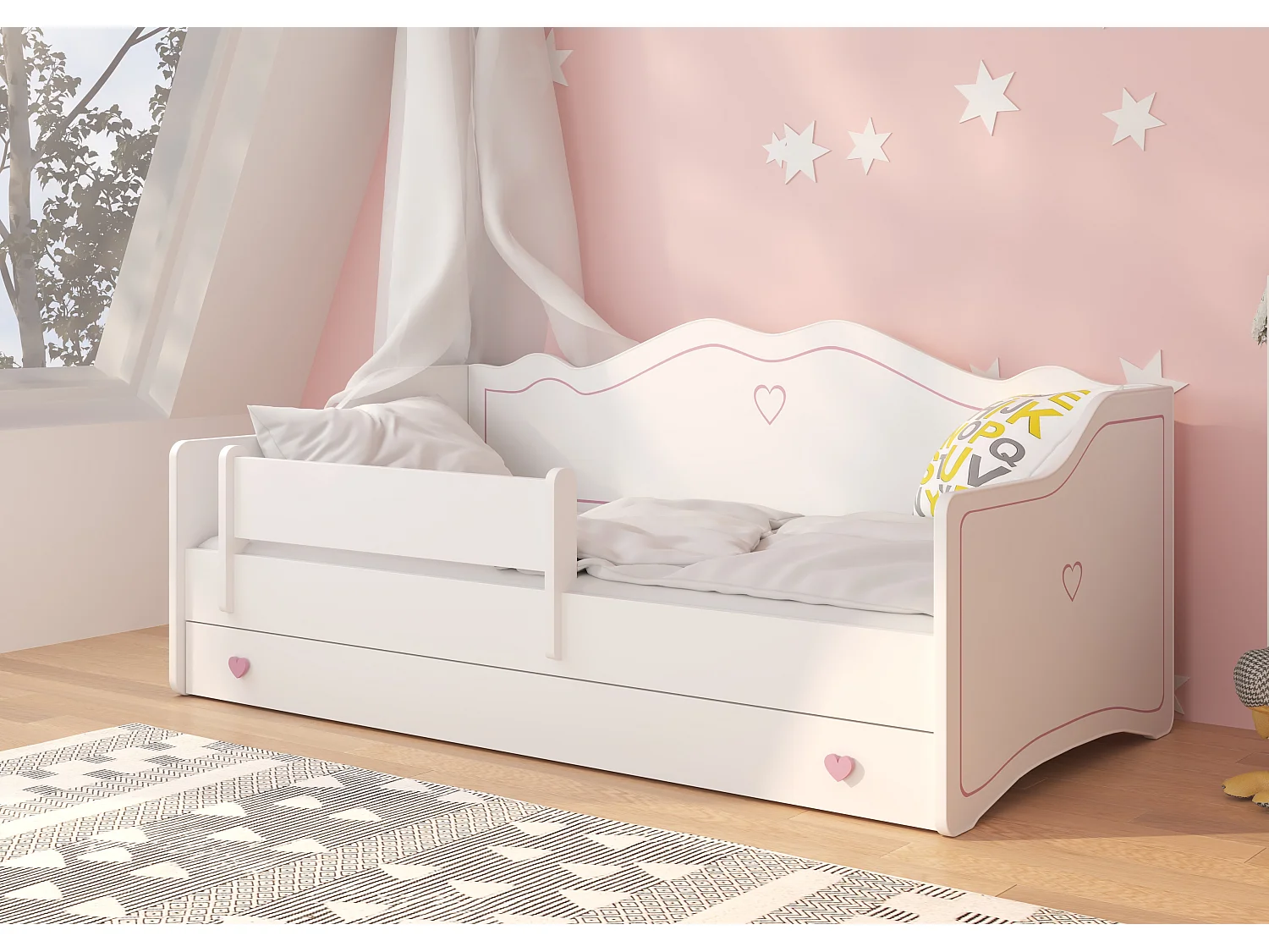 Lit enfant avec tiroirs de rangement bois blanc 80x160 petit coeur rose Kelly