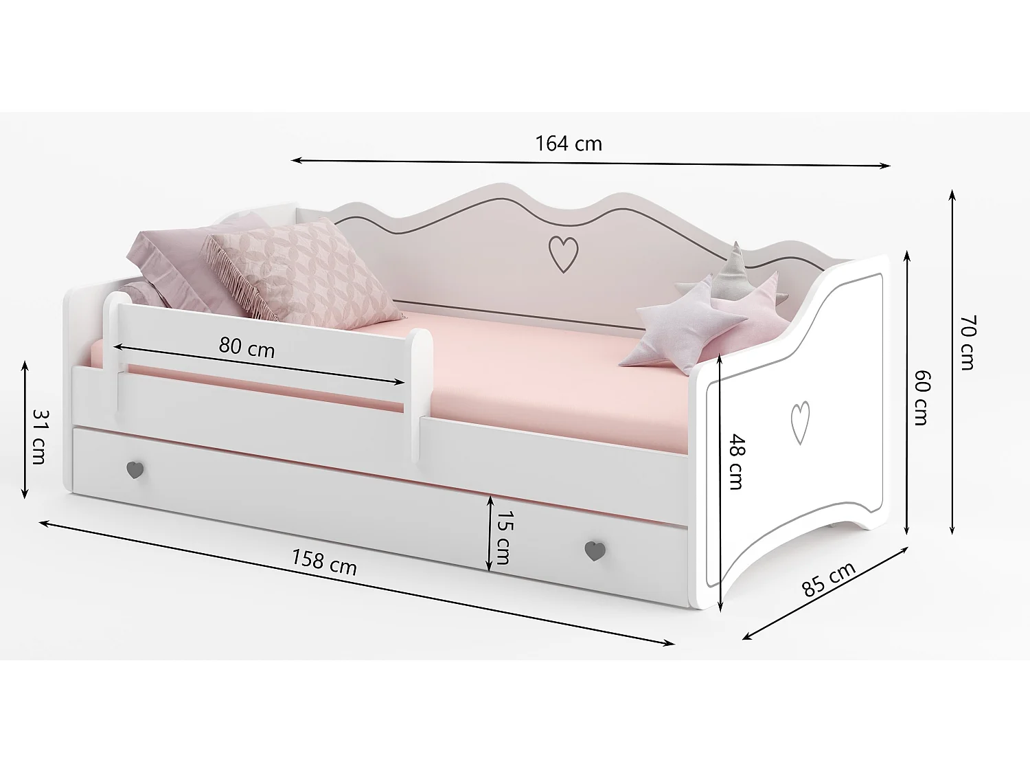 Lit enfant avec tiroirs de rangement bois blanc 80x160 petit coeur rose Kelly