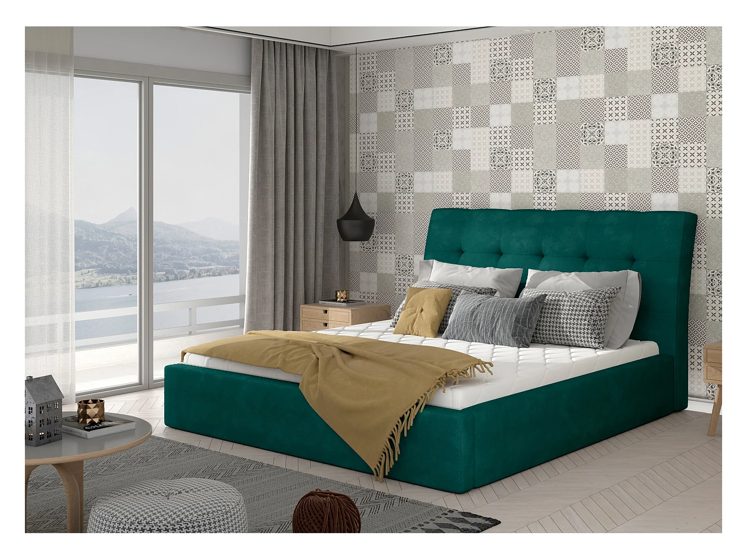 Lit double capitonné velours vert Klein - 4 tailles-160x200