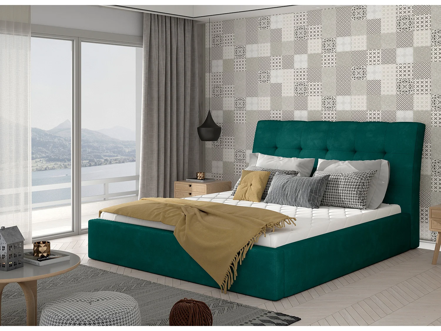 Lit double capitonné velours vert Klein - 4 tailles-160x200