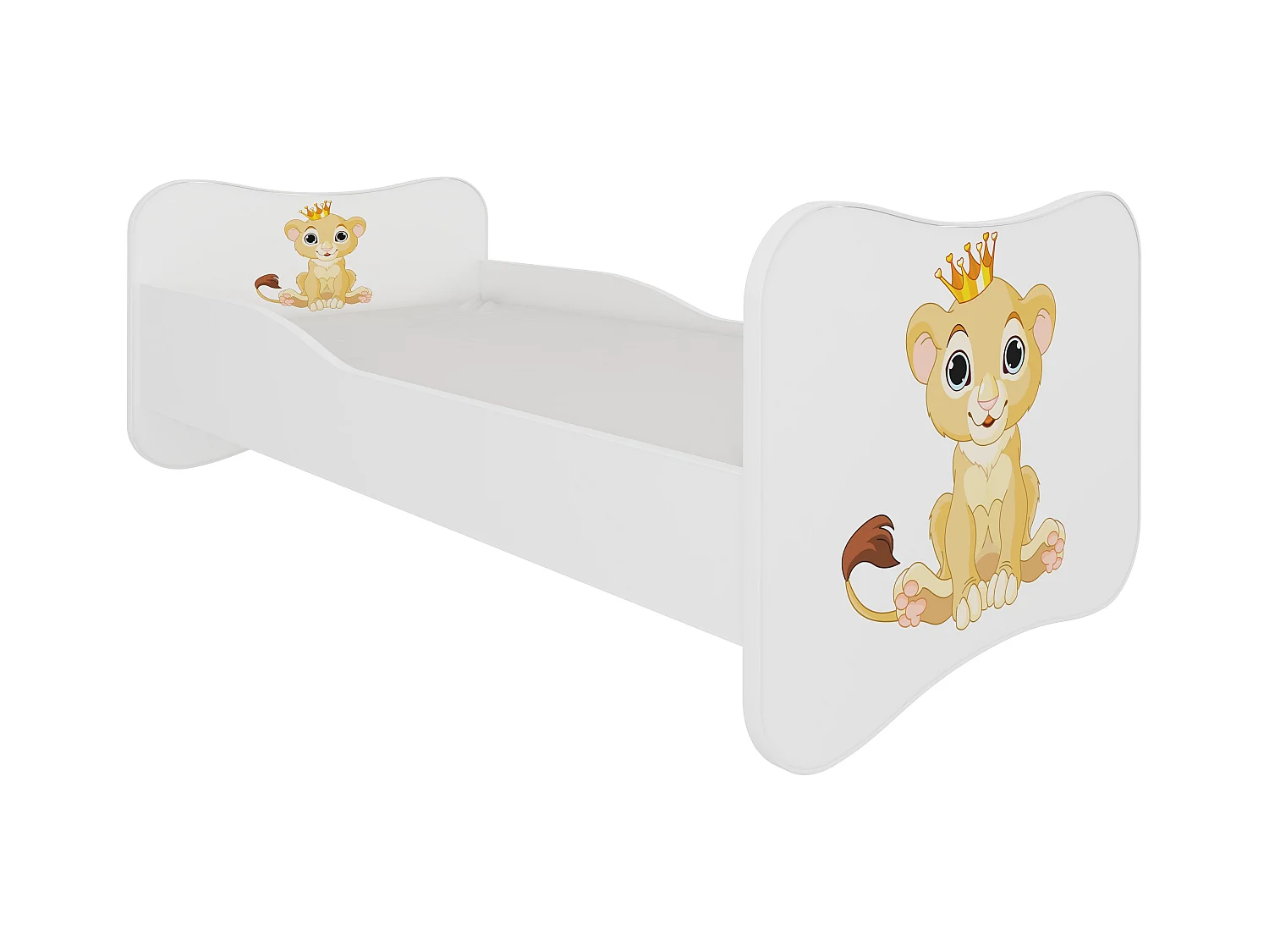 Lit enfant bois blanc imprimé petit roi lion 70x140 ou 80x160 - Sommier et matelas inclus - Ondula-80x160