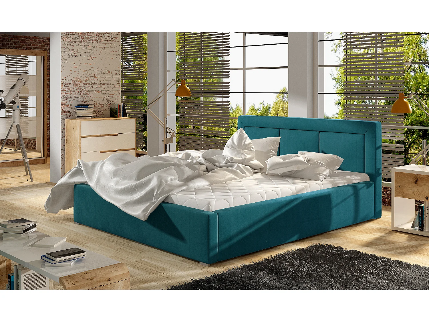 Tweepersoonsbed met Berlino boxspring - Gestoffeerd fluweel-Kleur Blauwe Eend-Slapen 180x200cm