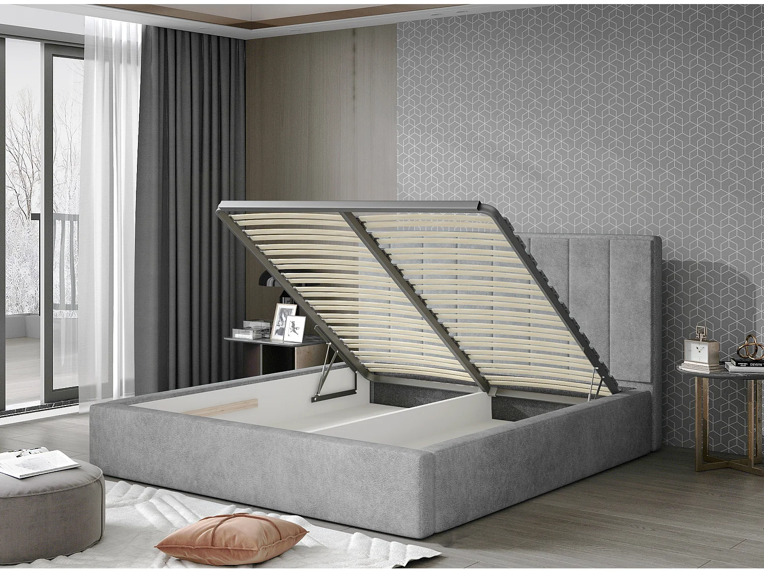 Lit adulte avec coffre de rangement Vareza – Simili cuir matelassé-Noir-200x200