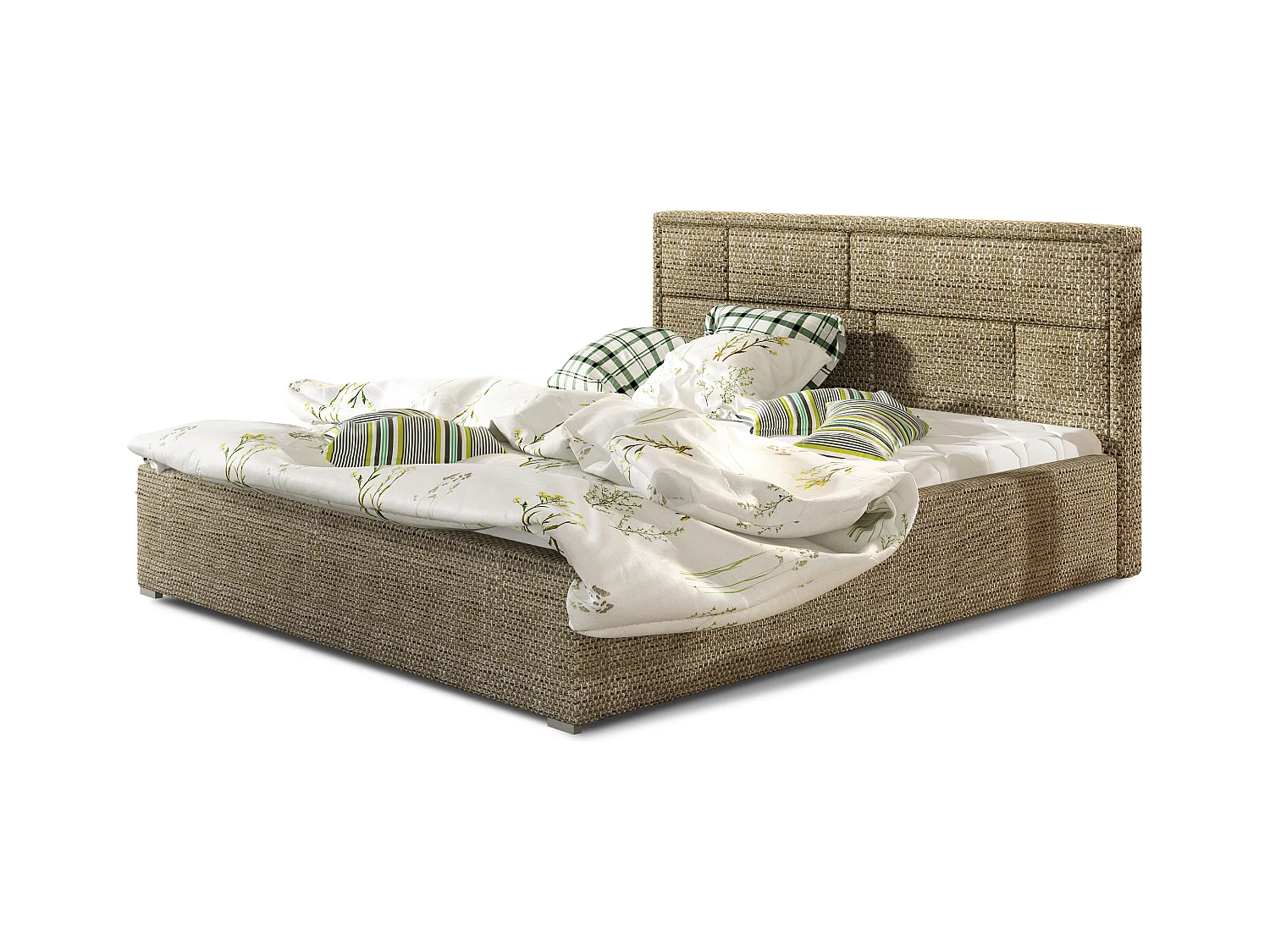 Lit double tissu beige chiné tête de lit capitonnée Lenzo - 4 tailles-180x200