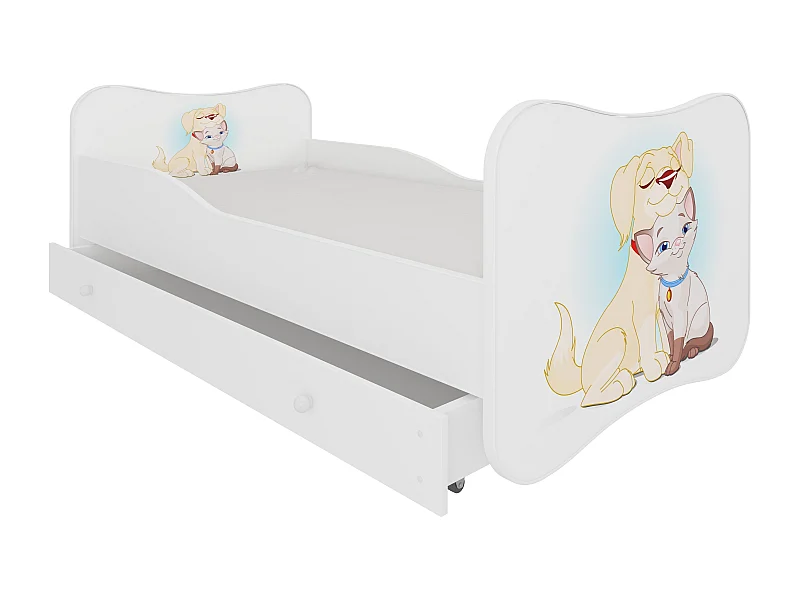 Lit enfant bois blanc à tiroirs avec imprimé chien et chat 70x140 ou 80x160 - Sommier et matelas inclus - Ondula-70x140