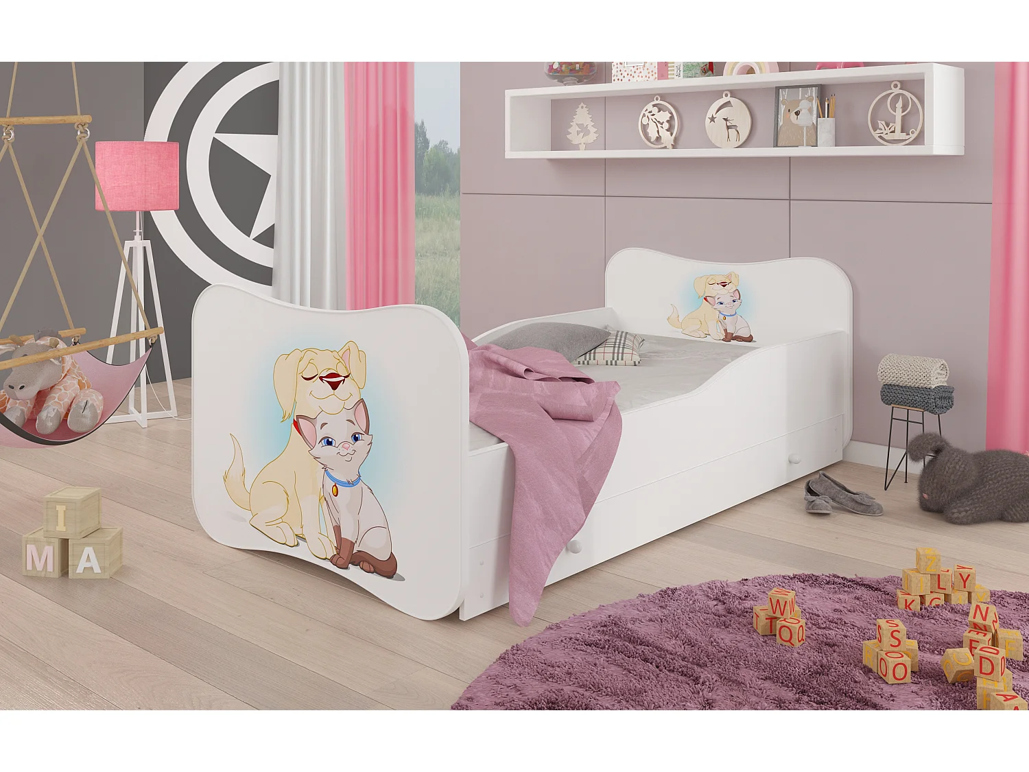 Wit houten kinderbed met lades met honden- en kattenprint 70x140 of 80x160 cm - Inclusief boxspring en matras - Ondula-Slapen 70x140cm
