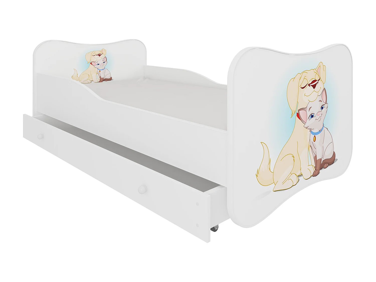 Lit enfant bois blanc à tiroirs avec imprimé chien et chat 70x140 ou 80x160 - Sommier et matelas inclus - Ondula-70x140