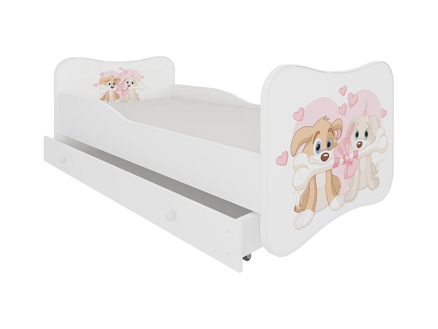 Lit enfant bois blanc à tiroirs avec imprimé chiens amoureux - Sommier et matelas inclus - Ondula-80x160