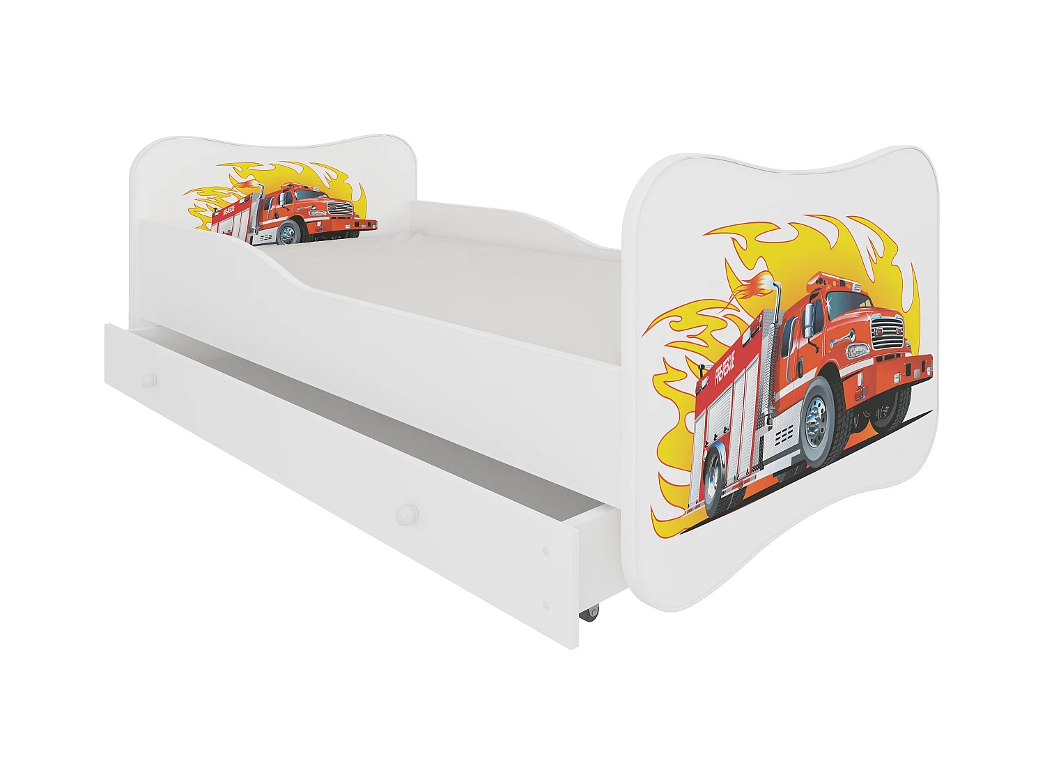 Lit enfant bois blanc à tiroirs avec imprimé camion de pompier - Sommier et matelas inclus - Ondula-70x140