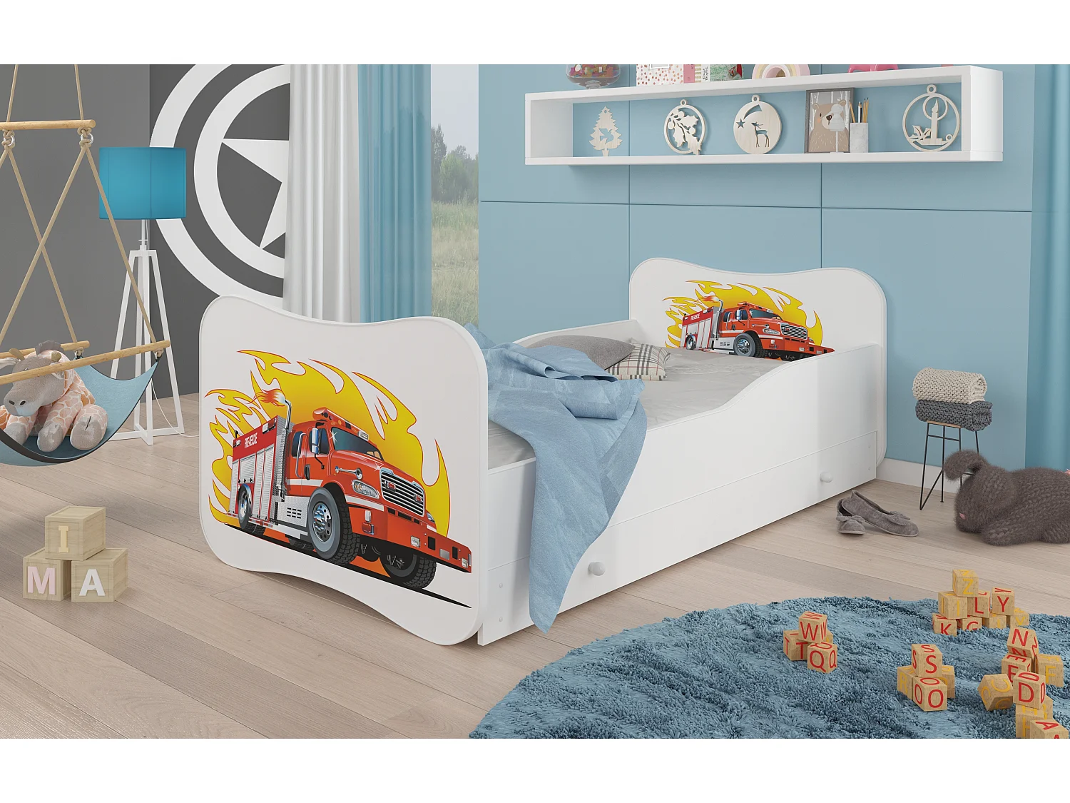 Lit enfant bois blanc à tiroirs avec imprimé camion de pompier - Sommier et matelas inclus - Ondula-70x140