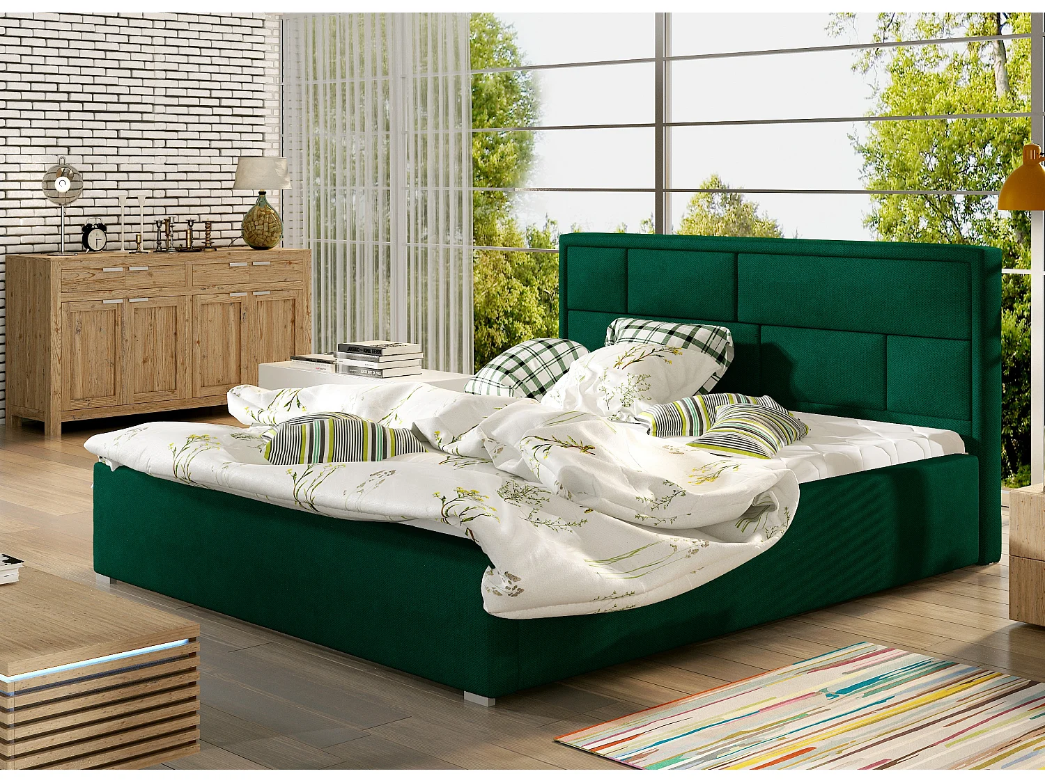 Lit double velours vert tête de lit capitonnée Lenzo - 4 tailles-160x200