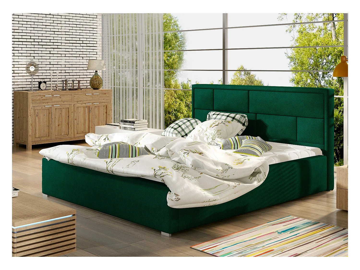 Lit double velours vert tête de lit capitonnée Lenzo - 4 tailles-160x200