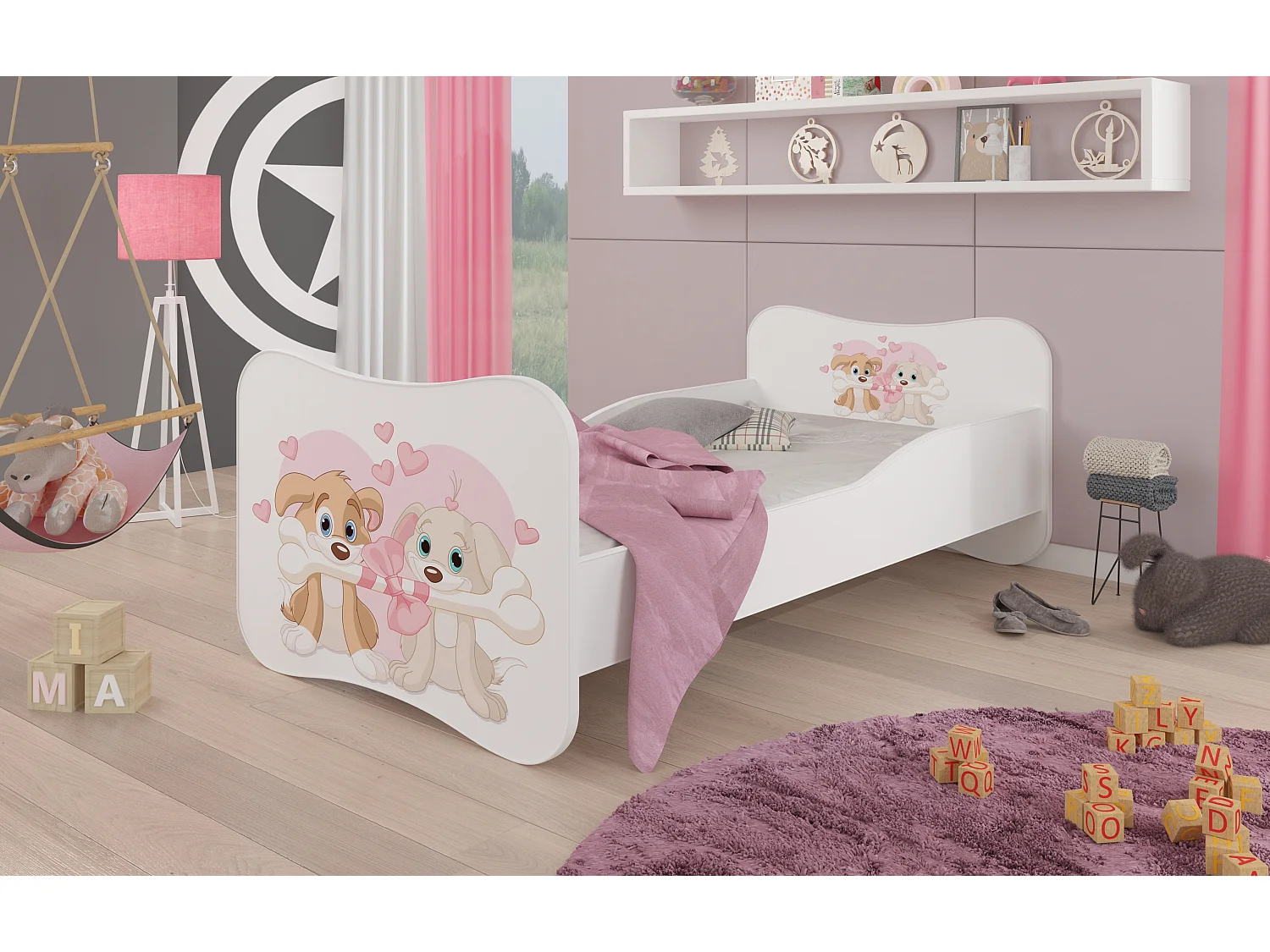 Wit houten kinderbed bedrukt met liefdevolle honden 70x140 of 80x160 cm - Inclusief boxspring en matras - Ondula-Slapen 80x160cm
