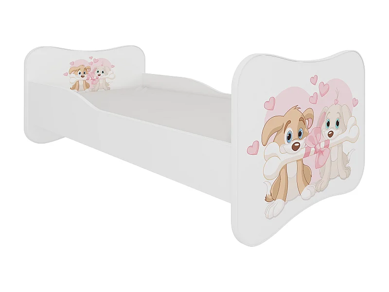 Lit enfant bois blanc imprimé chiens amoureux 70x140 ou 80x160 - Sommier et matelas inclus - Ondula-80x160
